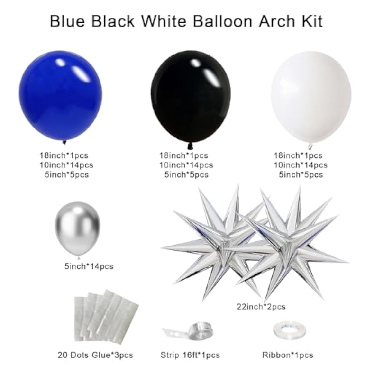 Navy Dark Royal Blue Black White Balloon Garland Kit With Metallic Silver Latex Balloons Explosive Star Foil Balloons, Gaming Birthday Party Decorations For Boys Youth And Old Men