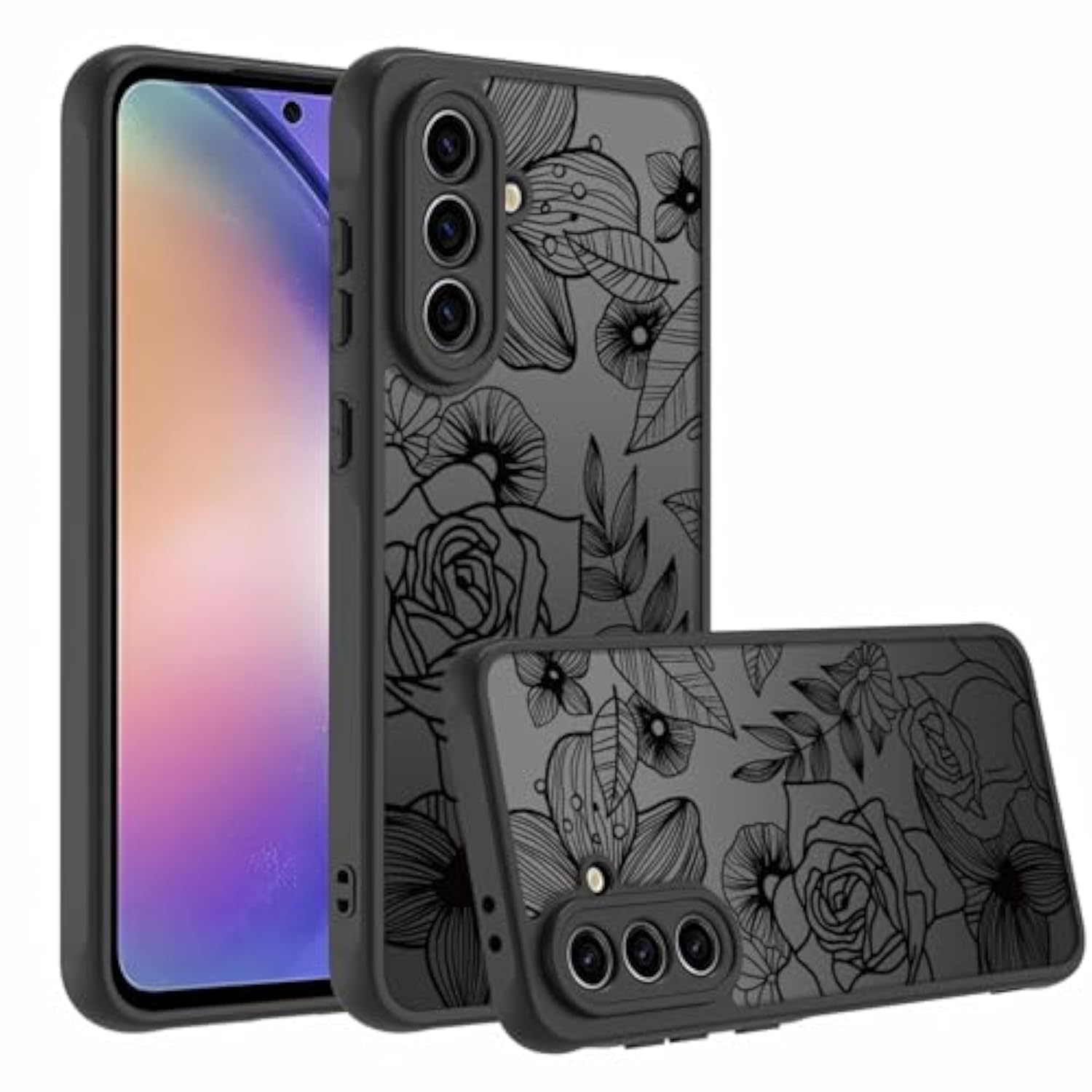 Cute Phone Case Compatible with Samsung Galaxy A36 5G, Aesthetic Black Line Art Floral Rose Pattern Print, Translucence Hard PC Heavy Duty Protection Cases Cover for Girls Women