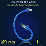 Patch Cables Cat6 1Ft 24 Pack, Ethernet Patch Cable 10G, Cat 6 Patch Cable For