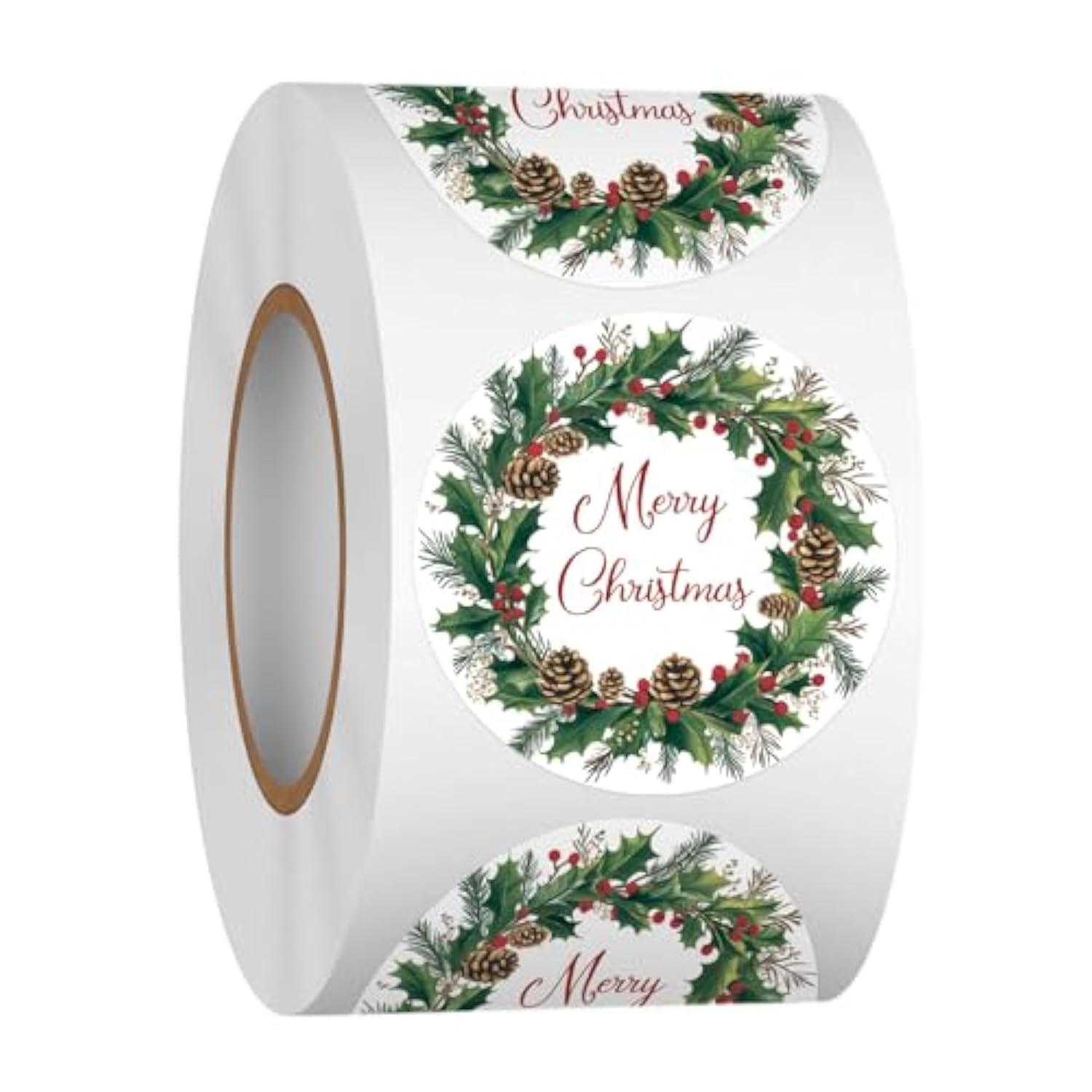 500 Pcs 1.5 Inch Merry Christmas Stickers Roll For Gift Packing, Cards, Envelopes, Party Supplies (Christmas Wreath 4)