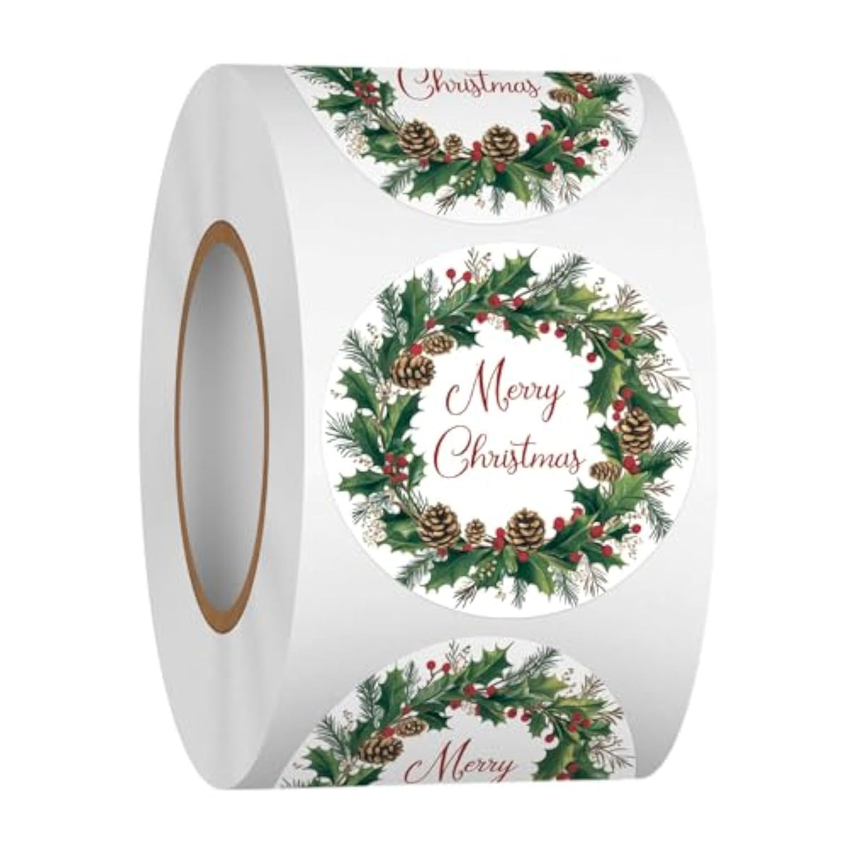 500 Pcs 1.5 Inch Merry Christmas Stickers Roll For Gift Packing, Cards, Envelopes, Party Supplies (Christmas Wreath 4)
