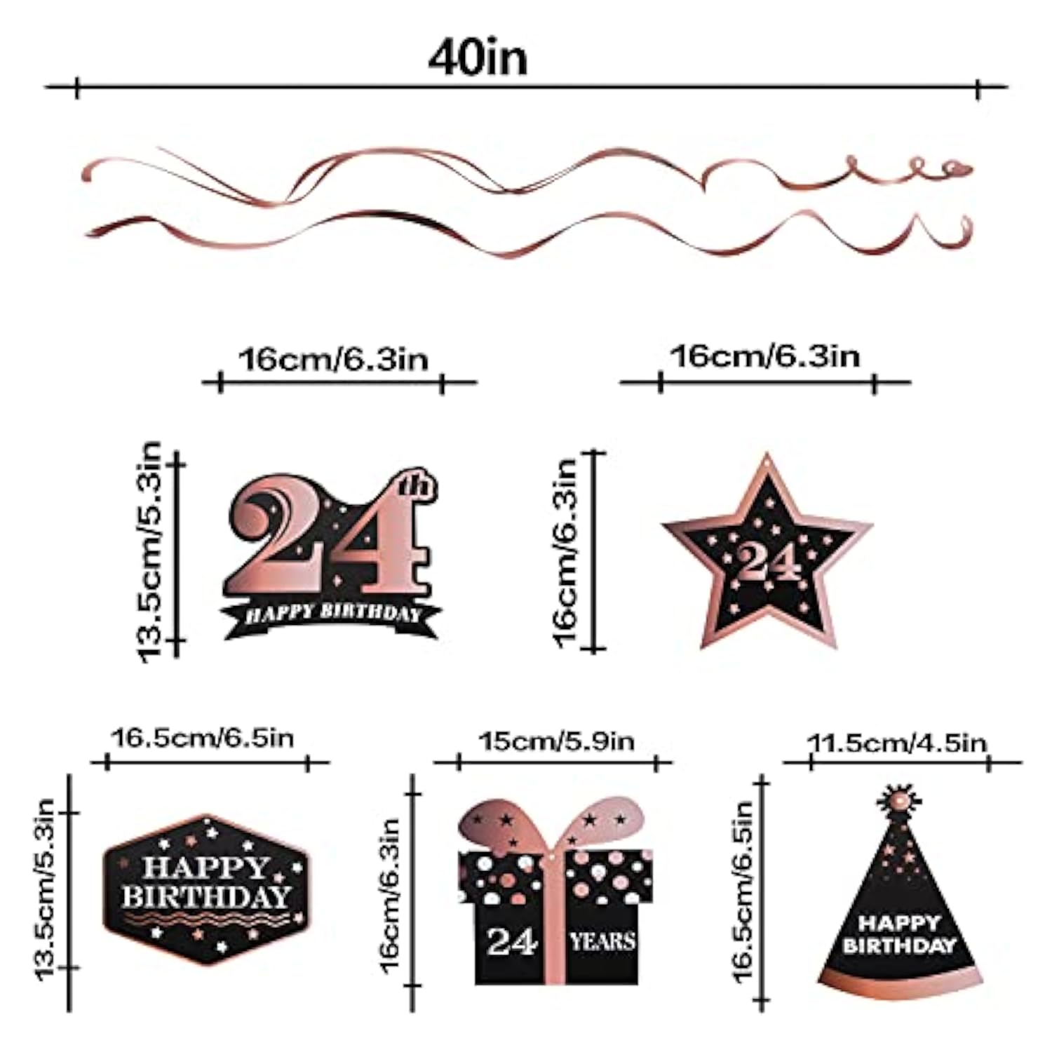 Happy 24Th Birthday Decorations - 12Pcs Birthday Black & Rose Gold Swirls Streamer Set,Cheers To 24 Years Old Bday Party Decorations Gift Sign.