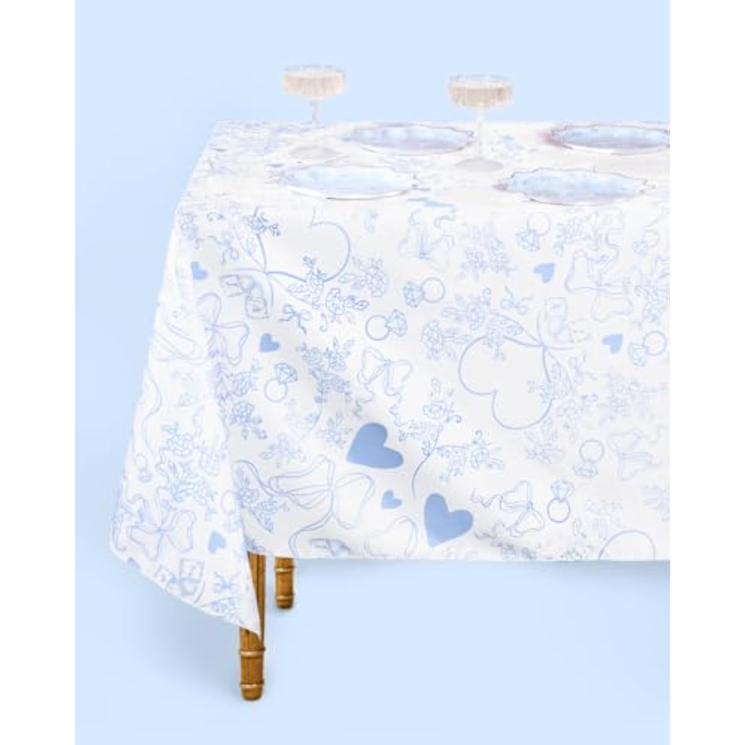 Something Blue Tablecloth, White + Blue | 9' X 4.5' | Bachelorette Tablescape, Wedding Party Setting, Bridal Shower Decoration, Engagement Table Cover