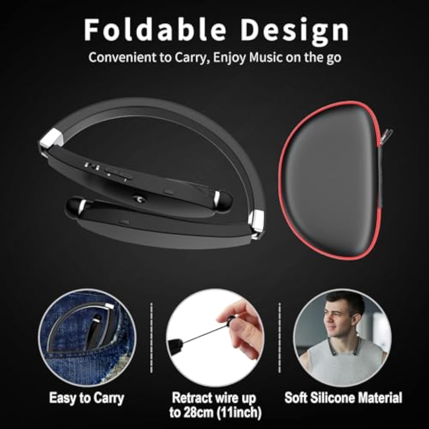 Bluetooth Neckband Headphones, Foldable Wireless Lightweight Neck Headset With Retractable Earbuds, Noise Cancelling Sweatproof Stereo Earphones With Mic & Carrying Case (Black)