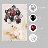 Burgundy Black Silver Balloon Set for Birthday Wedding Bridal Shower Parties