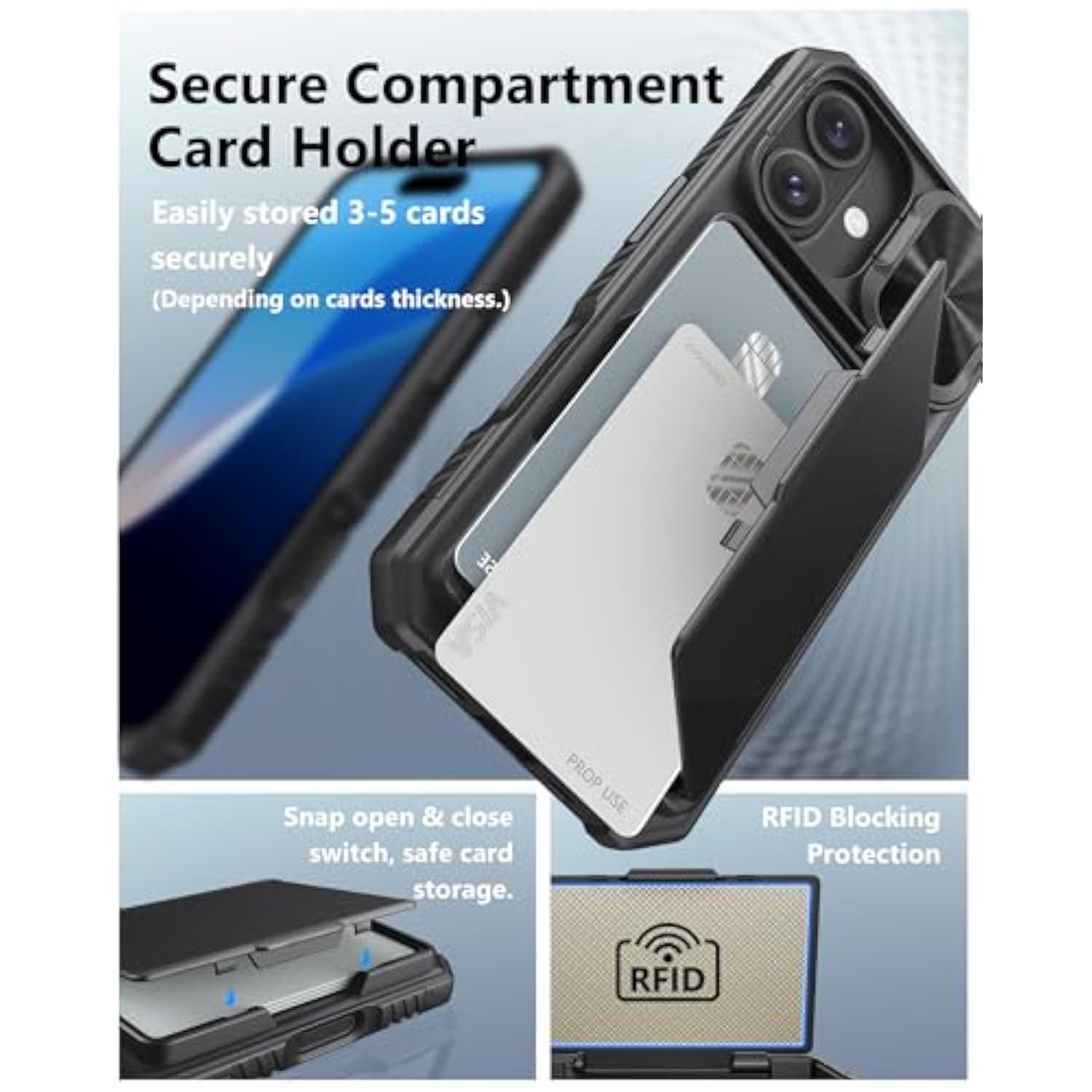iPhone 16 Case with Card Holder (3-5 Cards), RFID Blocking, Slide Camera Cover