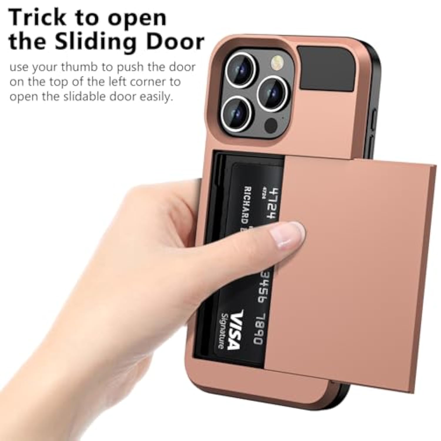 Compatible With Iphone 16 Pro Case With Card Holder Dual Layer Heavy Duty Drop Protection Hidden Sliding Card Slot Slim Wallet Phone Case For Iphone 16 Pro For Women Men, 6.3 Inch Rose Gold