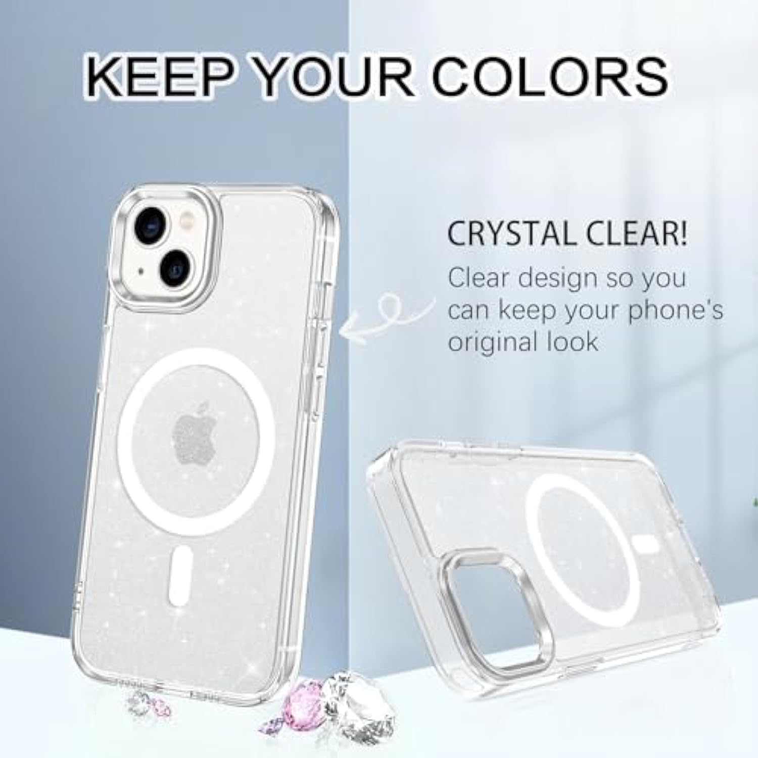 Magnetic For Iphone 13 Case & Iphone 14 Case, Clear Sparkly Glitter Iphone 14 Phone Case [Compatible With Magsafe]Shockproof Cute Women Girl Protective Cover Case For Iphone 13/14 6.1",Clear