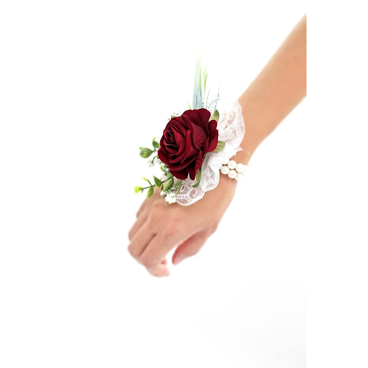 Set Of 6 Burgundy Wedding Wrist Flower Wine Red Floral Wrist Corsage Bridal Rose Leaf Hand Flowers For Bride And Bridesmaid Festival Prom Engagement
