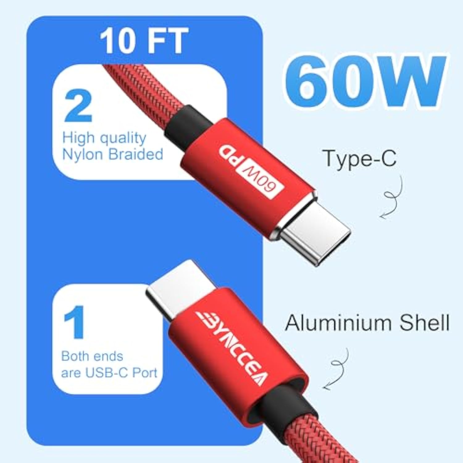 Usb C To Usb C Cable 4-Pack 10Ft C To C Cable Fast Charging C Cable, 60W(5A) Nylon Braided Type C Cables For Phone 16/15 Series Samsung S24/23