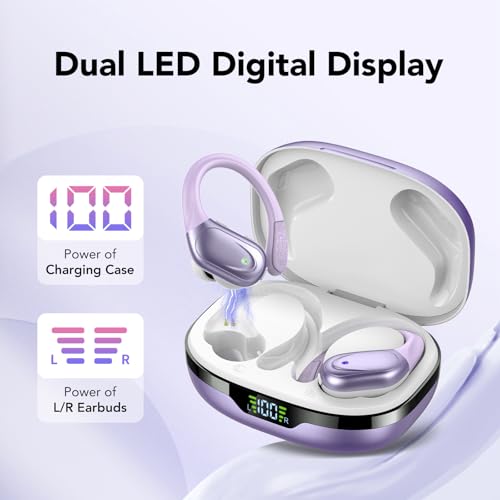 Ear Buds Wireless Earbuds Bluetooth 5.3 Headphones 60Hrs Playtime With Digital Display Sports Wireless Headphones With Earhook Deep Bass Ipx7 Waterproof Over-Ear Earbuds For Android Ios Workout Purple