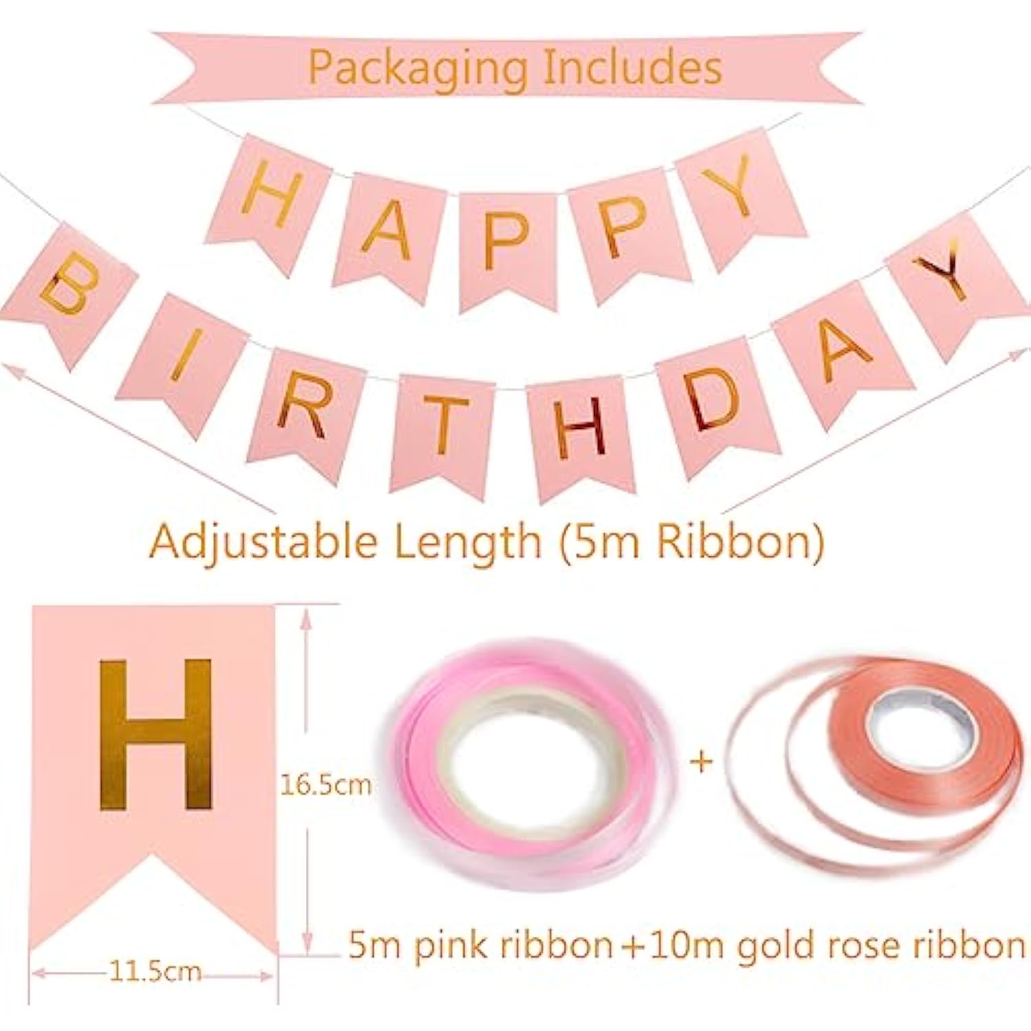 Happy Birthday Banner, Rose Gold Birthday Decoration, 16 Pcs 12 Inch Balloons With 2 Ribbons For Girl And Women Party Decoration