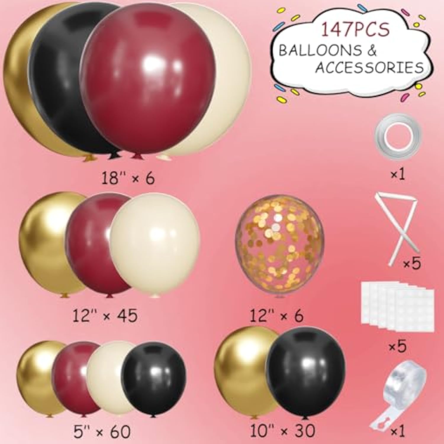 Burgundy Black White Gold Balloon Arch Garland Kit, 147Pcs Latex Balloons Different Sizes 18 12 10 5 Inch For Valentines Wedding Bachelorette Birthday Mothers Day Graduation Party Decoration