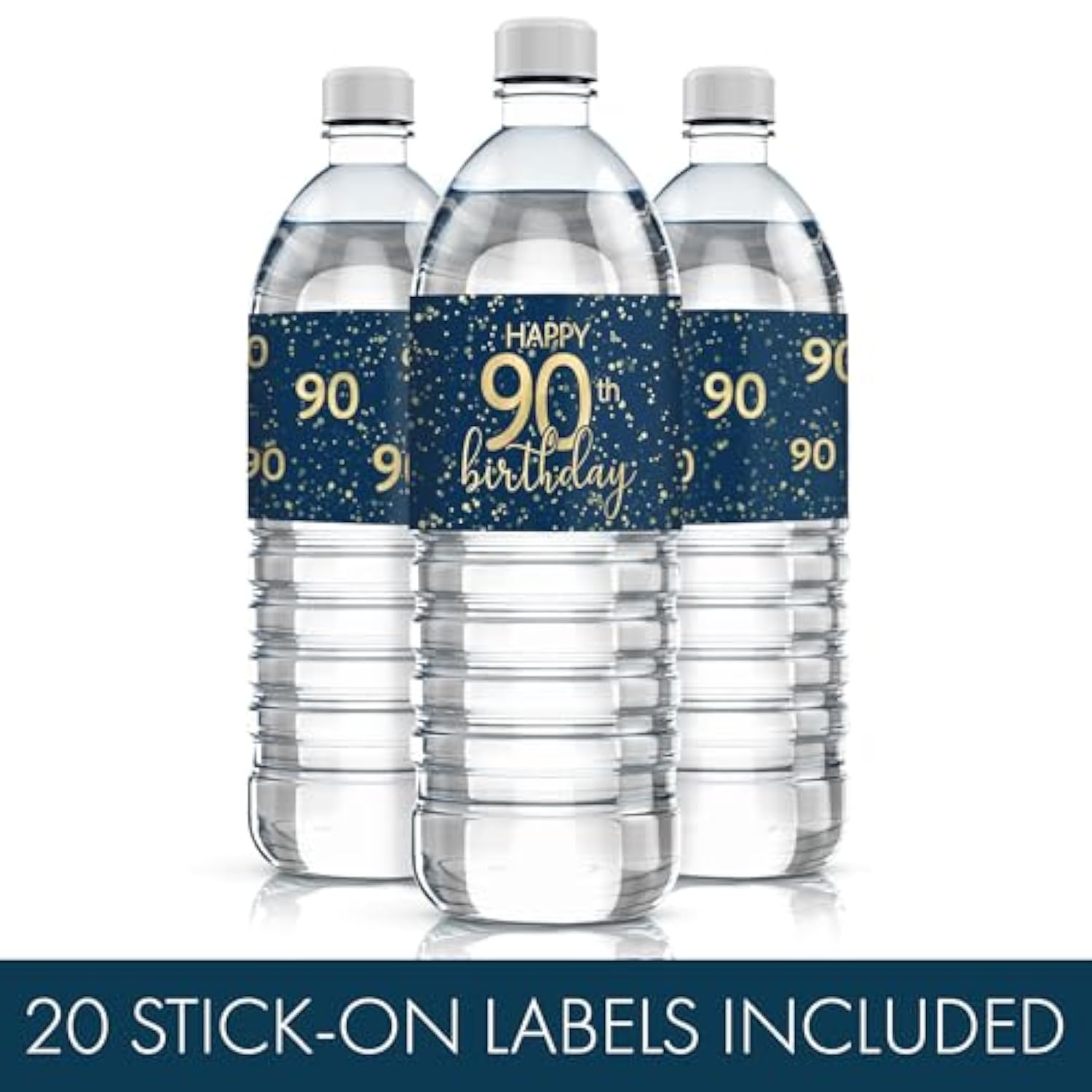 Navy Blue And Gold 90Th Birthday Water Bottle Labels - 20 Waterproof Stickers, 90Th Birthday Party Decorations