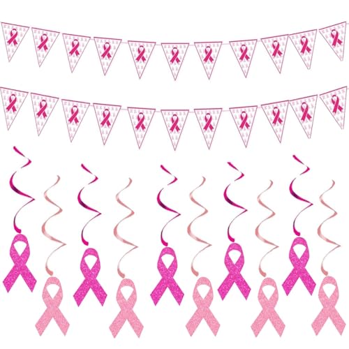 Breast Cancer Awareness Decorations Set,Glitter Pink Ribbon Hanging Swirls with Pink Ribbon Pennant Banners for Breast Cancer Free Support Party Decor Supplies