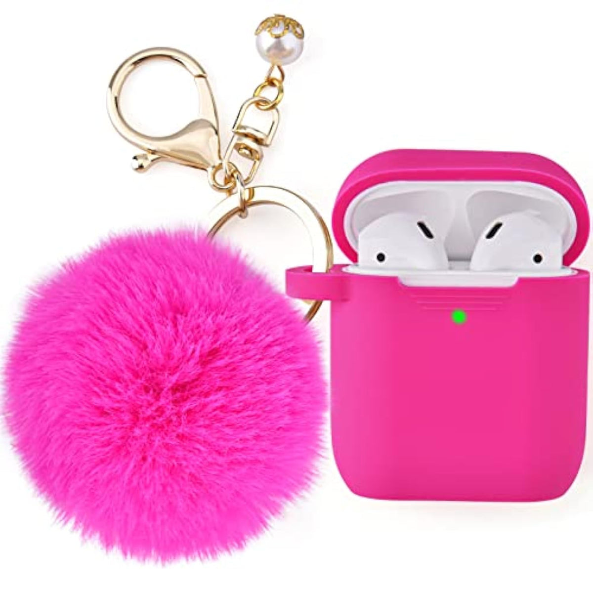 Compatible With Airpod 2&1 Case Cover, Cute Silicone Protective Accessories Cases/Keychain/Pompom, Best Gift For Girls And Women, Fuchsia Pink