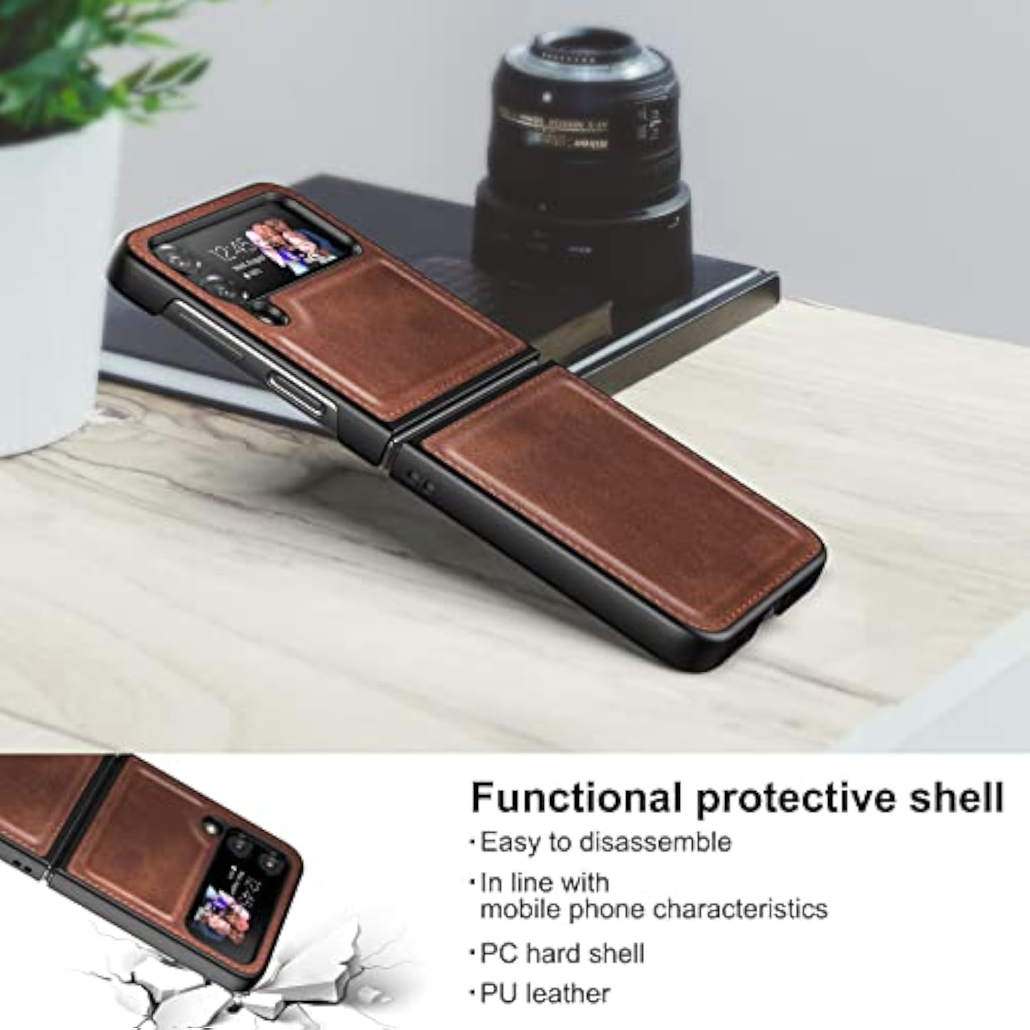 Case For Samsung Galaxy Z Flip 4 5G 2022, Galaxy Z Flip 4 Leather Case, Pu Leather + Hard Pc Shell Ultra Thin Slim Durable Protective Phone Case Cover For (Brown)