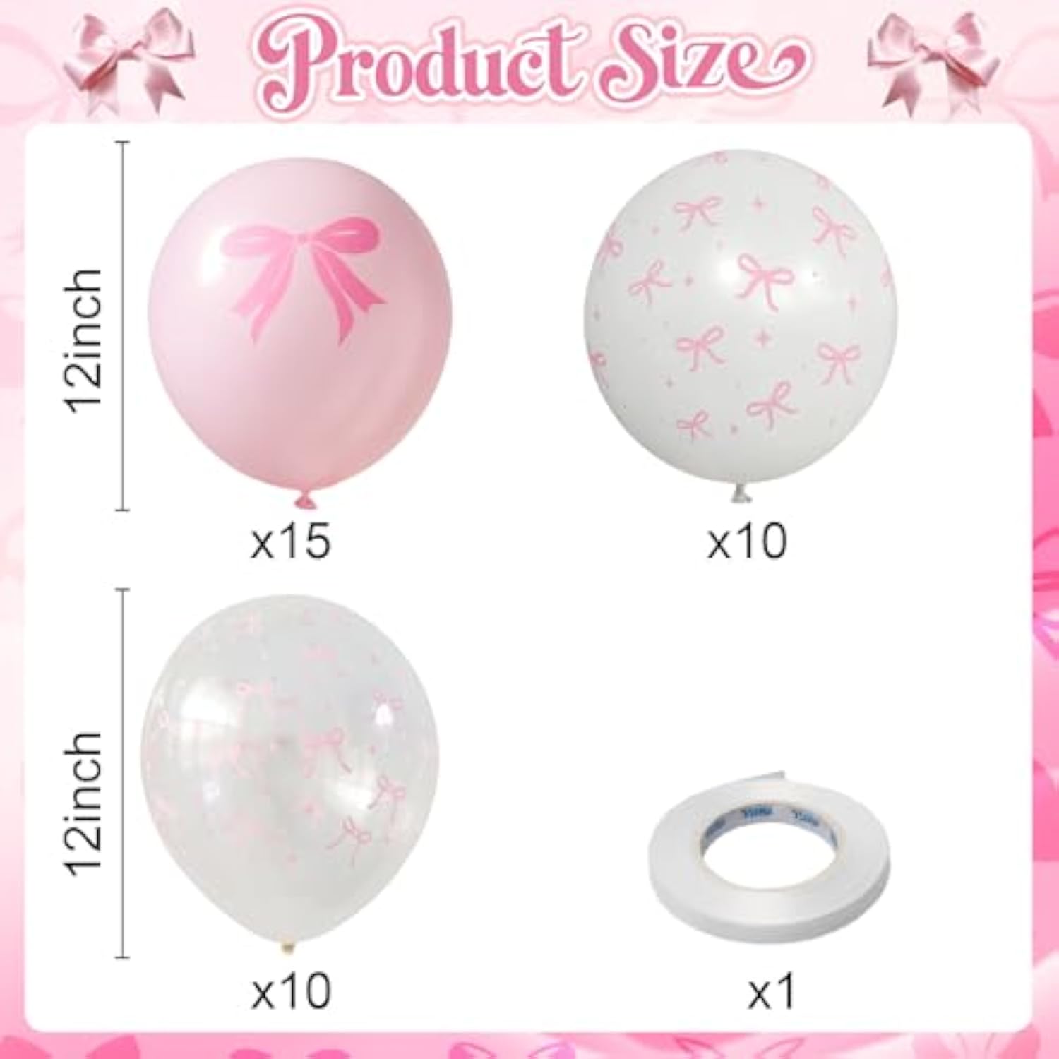 Pink Bow Balloons, 35Pcs Light Pastel Pink Clear White Bow Latex Balloon For Girls Women Wedding Bridal Baby Shower Bachelorette Engagement Princess Coquette Birthday Theme Party Decorations Supplies