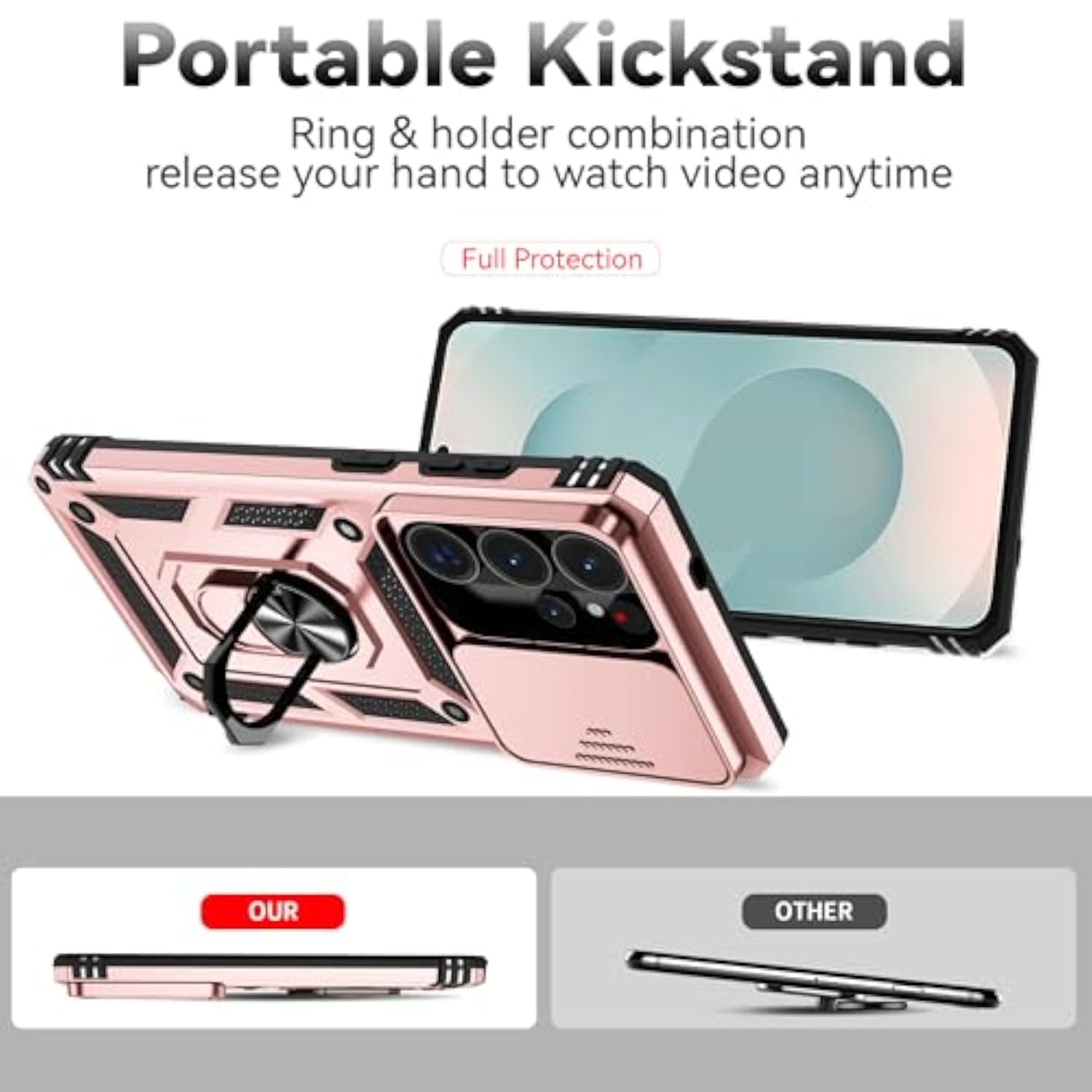 Galaxy S26 Ultra Case with Camera Cover, Military Grade 16ft Drop Tested Cover with Magnetic Kickstand Protective Case for S26 Ultra (Rose Gold)