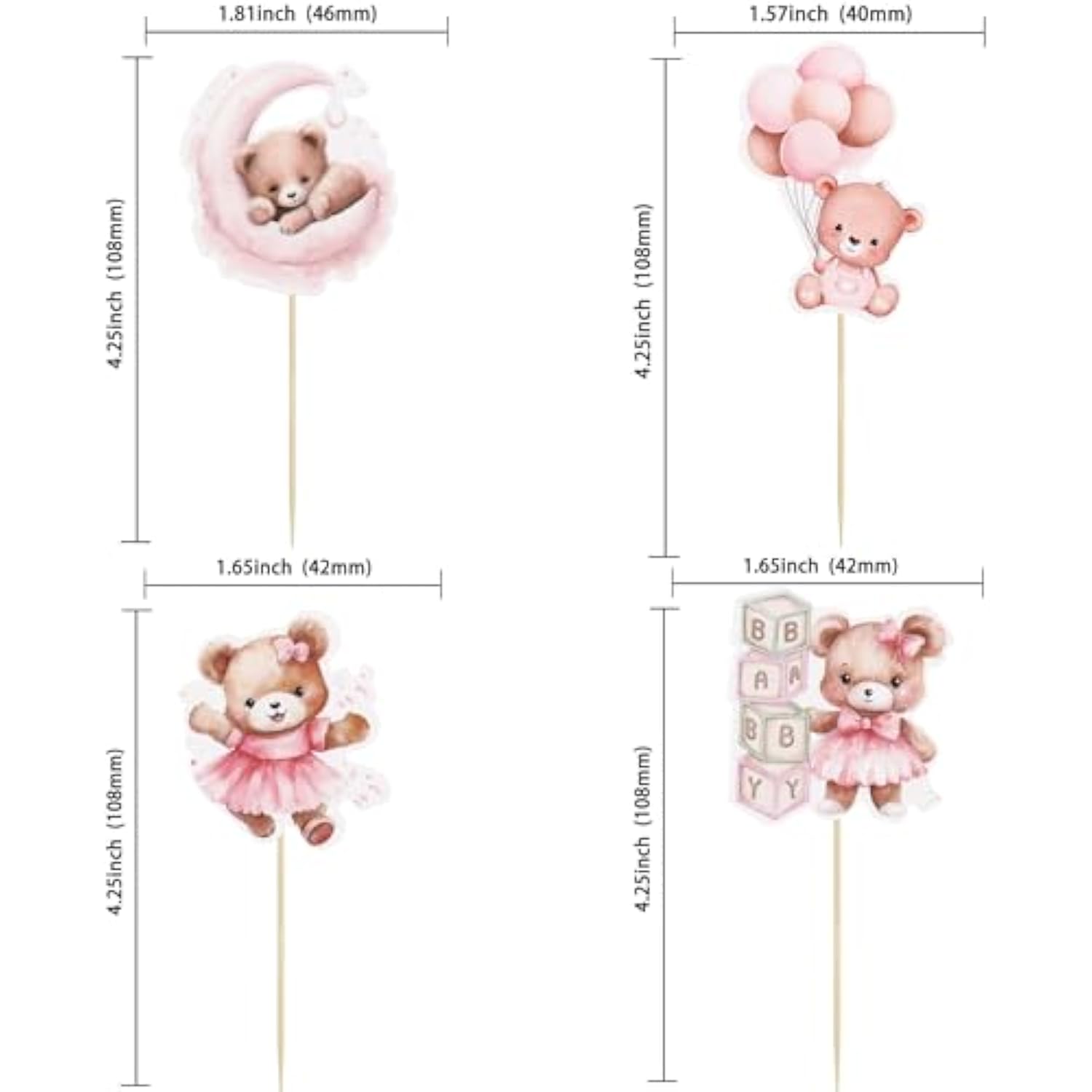 32Pcs Baby Shower Bear Cupcake Toppers Moon Baby Bear Baby Shower Cake Topper Decorations Jungle Animal Theme Birthday Party Cake Supplies Blue Pink