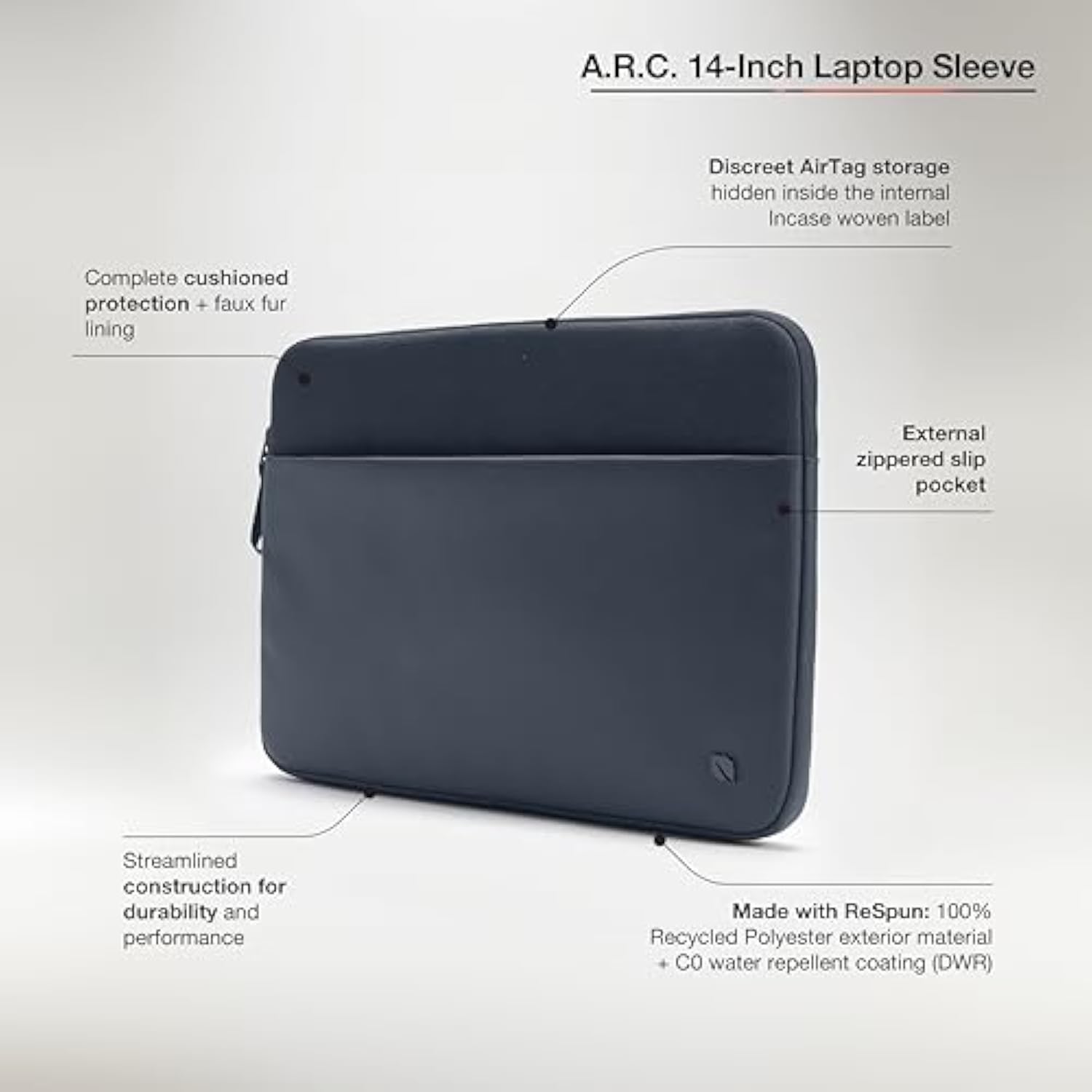 Incase A.R.C. Laptop Sleeve 14 Inch – MacBook Case with Faux Fur Lining, External Pocket – Fits MacBook Pro Air Lenovo Dell HP – Laptop Cover, Computer Case - Travel, Work, College - Navy