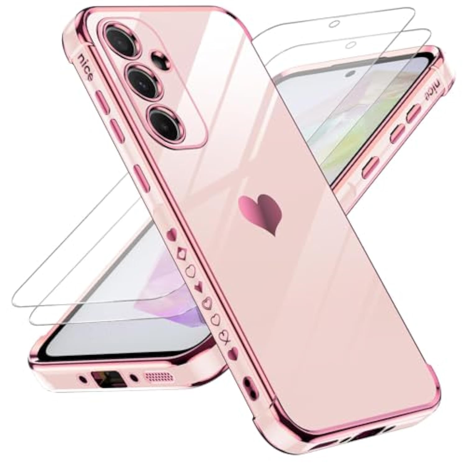For Galaxy A35-5G Phone Case: Tempered Glass Screen Protector [2 Pcs]+ Full Camera Lens Protection, Love Heart Plating Girly Women Luxury Soft Tpu Shockproof Case For Samsung A 35 5G, Pink