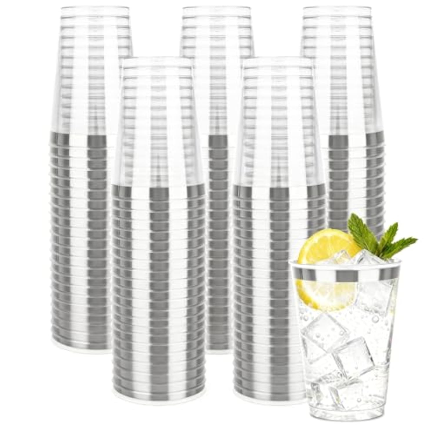 200 Pack Silver Plastic Cups, 12 Oz Clear Disposable Cups With Silver Rim, Heavy Duty Cocktail Cups For Party, Wedding And Daily Use
