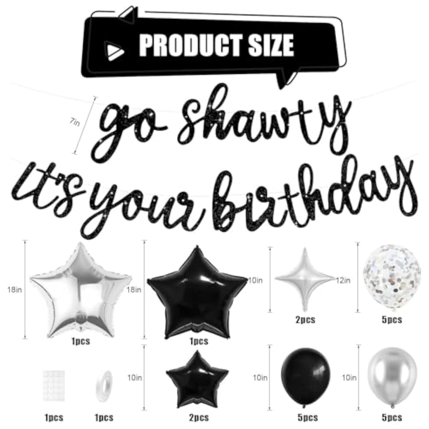 Black Go Sha It'S Your Birthday Banner Balloons Set, Glitter Happy Birthday Banner With Black Silver Confetti Balloon Star Foil Balloon For Man Women Hip Hop Rap Theme Birthday Party Decorations
