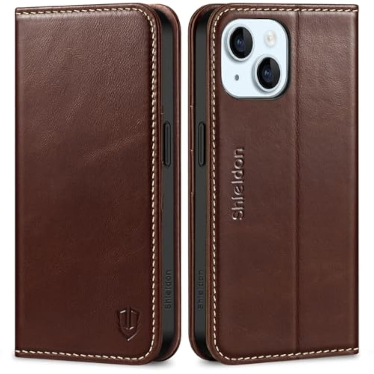SHIELDON Case for iPhone 15 5G 2023, Genuine Leather Folio Wallet Magnetic Kickstand RFID Blocking Card Slots Shock-Absorbent Phone Cover Compatible with iPhone 15 (6.1 Inch) - Retro Coffee