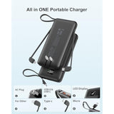 Portable Charger With Built-In Cables&Ac Wall Plug,10000Mah Power Bank,Pd 22.5W Usb-C Fast Charging External Battery Pack With Led Display Compatible With Iphones And All Smart Device?1 Pack?