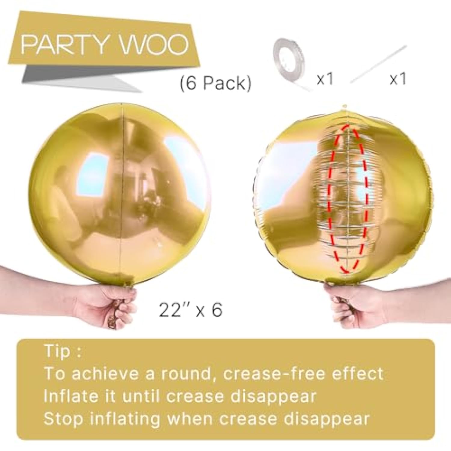 6PCS 22" Gold 4D Foil Balloons with Ribbon – Party Decor for Birthday, Wedding & More