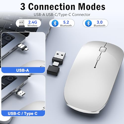 Bluetooth Wireless Laptop Mouse For Macbook Air Ipad Mac, 2.4G Rechargeable Computer Mouse With Jiggler Mode, Silent Optical 2 Mode Bluetooth 5.2/3.0 & 2.4G Usb-A/Type C Portable Mice, Silver
