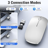 Bluetooth Wireless Laptop Mouse For Macbook Air Ipad Mac, 2.4G Rechargeable Computer Mouse With Jiggler Mode, Silent Optical 2 Mode Bluetooth 5.2/3.0 & 2.4G Usb-A/Type C Portable Mice, Silver