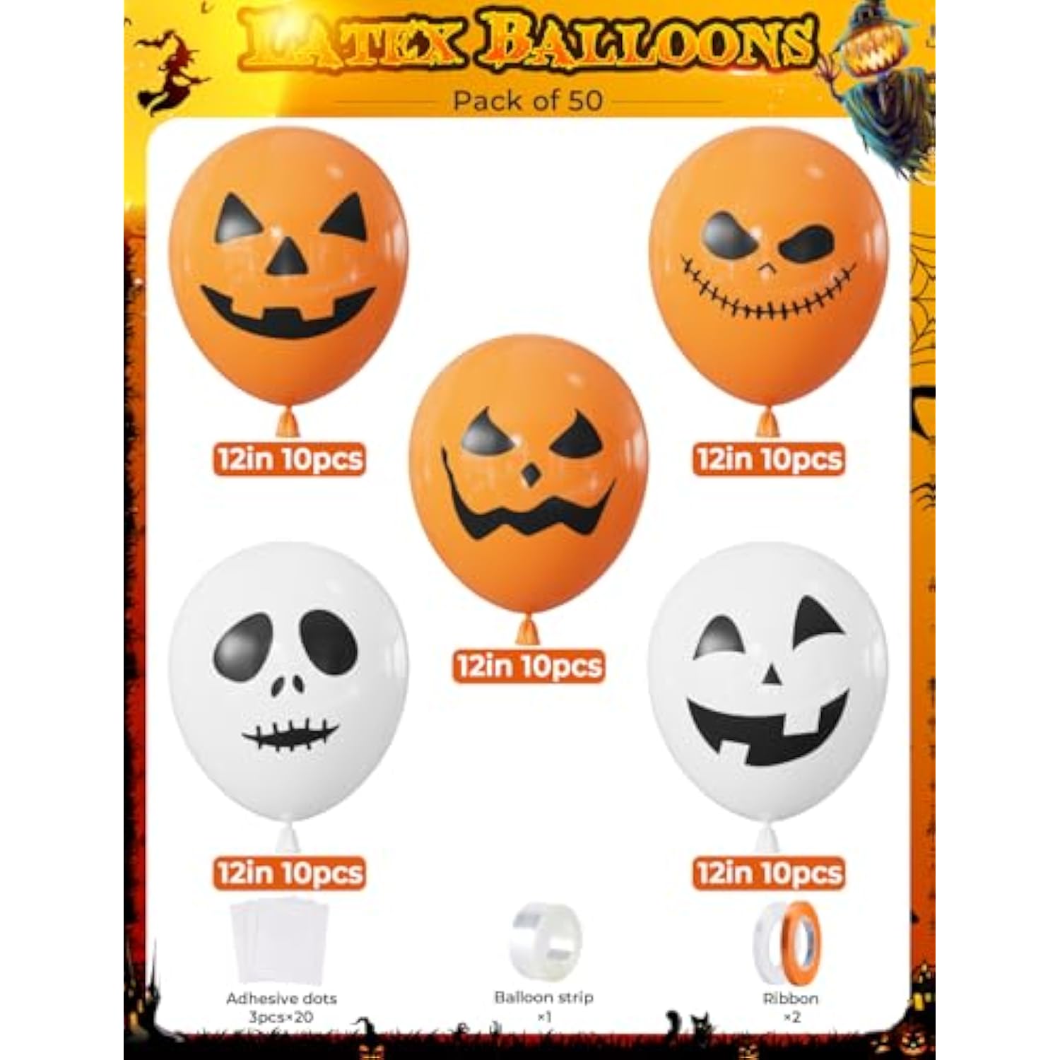 Halloween Balloon Set 50PCS Orange White Ghost Pumpkin Balloons for Spooky Birthday Party Decor