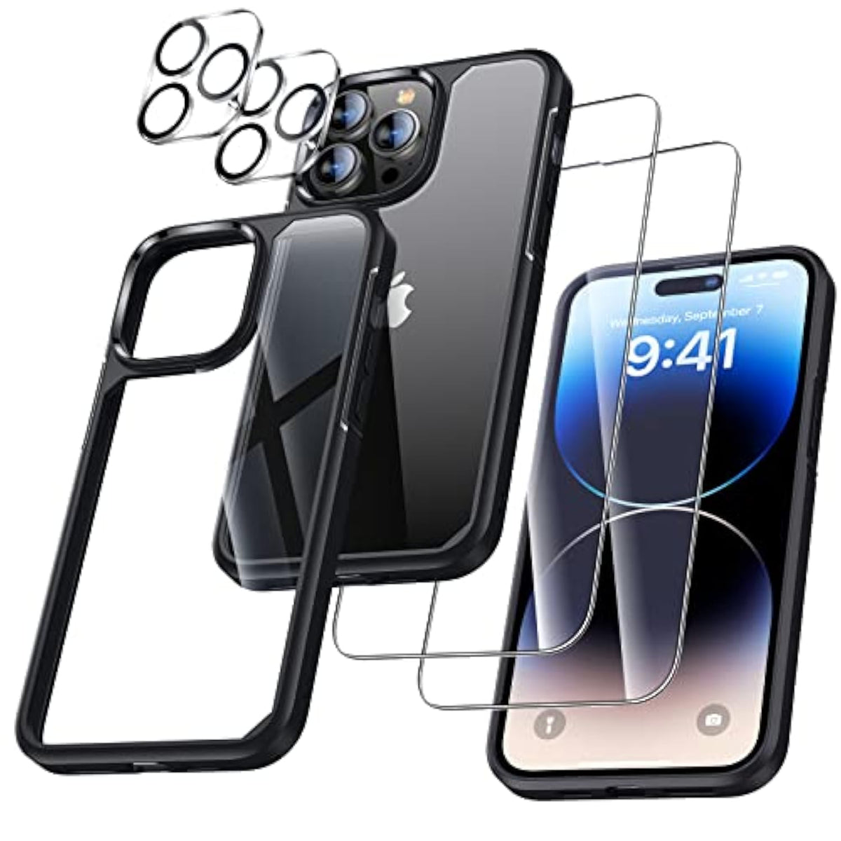 [5 In 1 Design For Iphone 14 Pro 6.1 Inch Case, 2 Pack Screen Protector Tempered Glass + 2 Pack Camera Lens Protector, [Non-Yellowing] Shockproof Ultra Thin Protective Cover - Black