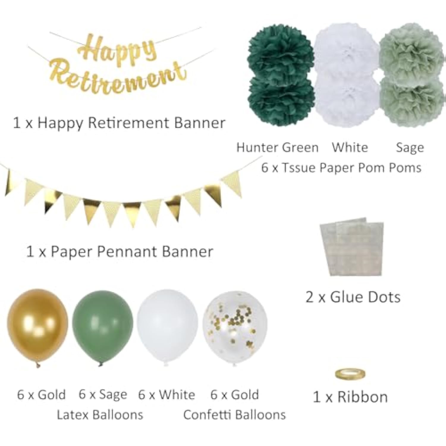 Retirement Party Decorations, Gold Happy-Retirement Banner, Paper Pom Poms, Gold Foil Paper Pennant Banner, Balloons For Retirements Decor, Retired Parties Supplies