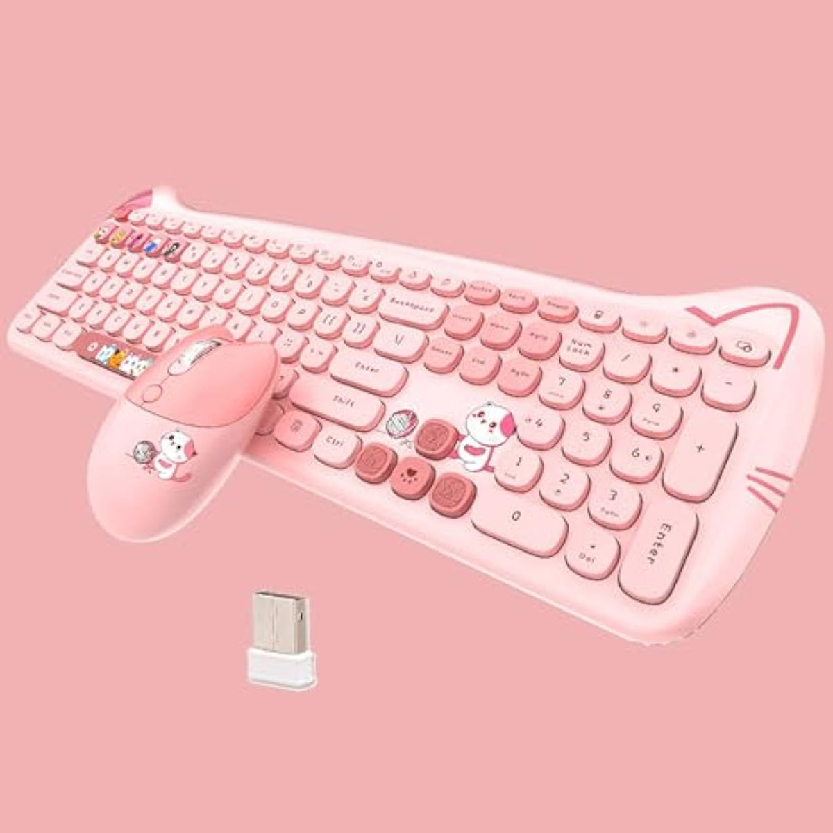 Cute Cat 2.4G Usb Wireless Keyboard And Mouse Combo, Silent Keys, Candy Colors, Compatible With Notebook, Pc (Pink110Keys)