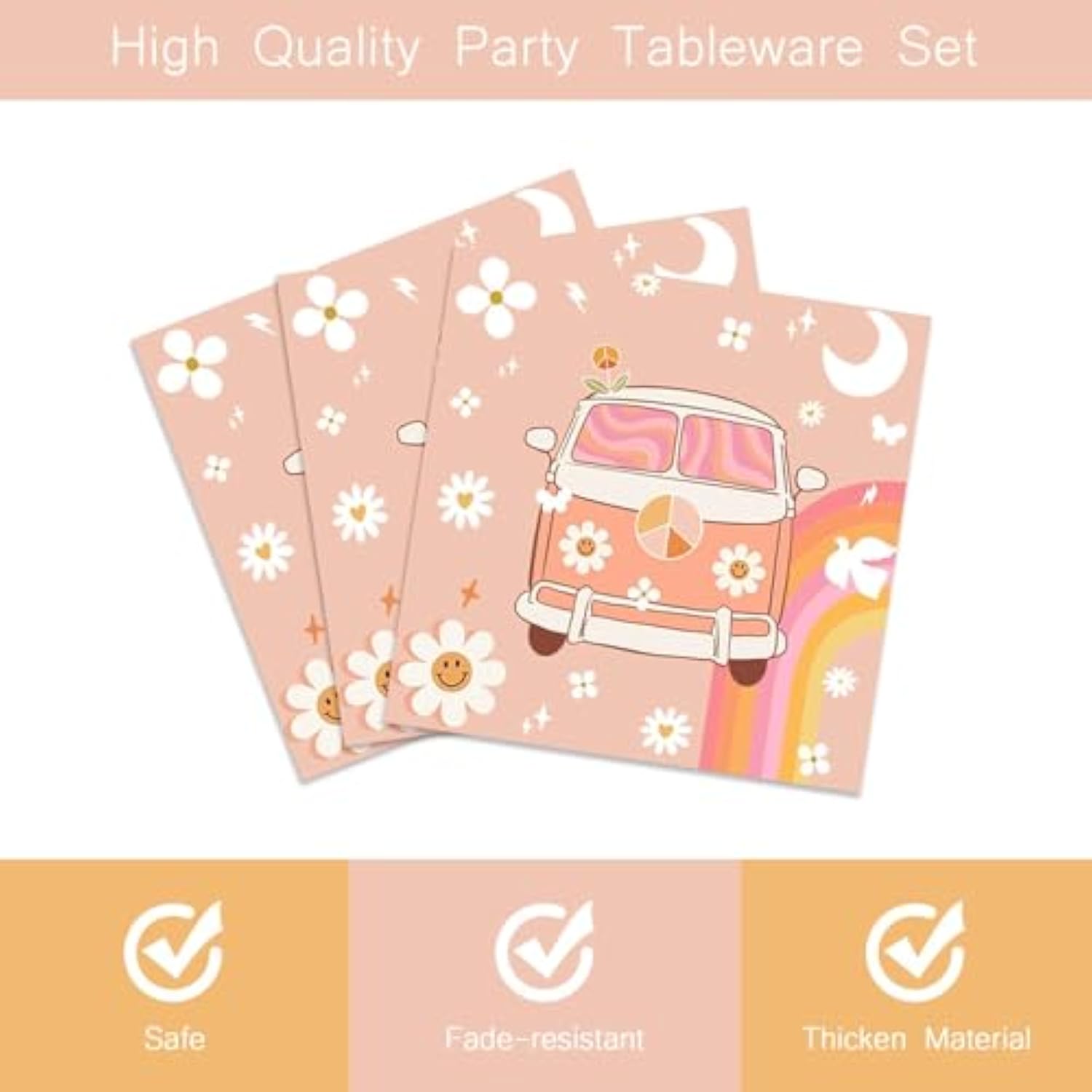 Groovy Party Tableware Set: Retro Daisy Plates, Napkins, Forks - 24 Guests