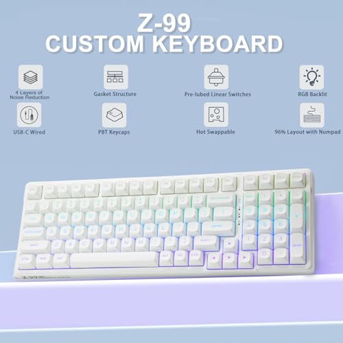 E-Yooso Creamy Mechanical Keyboard Wired, Hot Swappable, Pre-Lubed Linear Switches, Gasket Structure With Sound Dampening Foam, Rgb Backlit, 99 Keys Custom Gaming Keyboard For Pc/Mac,White
