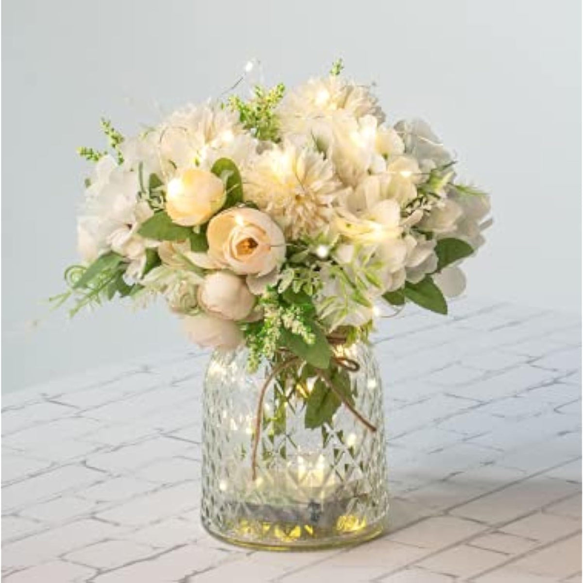Artificial Led White Rose Flowers With Glass Vase, Remote Control Led Light, Flower Arrangement For Table Centerpiece, Home Office Wedding Decoration