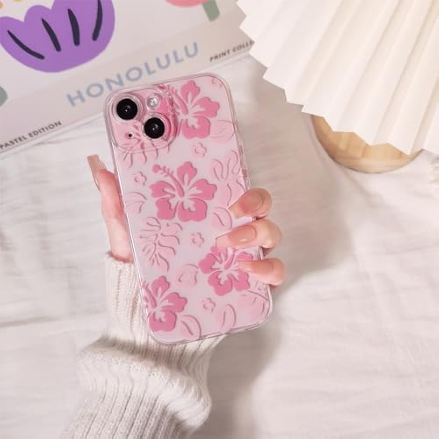 Compatible For Iphone 15 Case Cute Clear Hibiscus Flower Floral Aesthetic Printed Design For Girls Women Soft Tpu Shockproof Protective Girly For Iphone 15-Pink