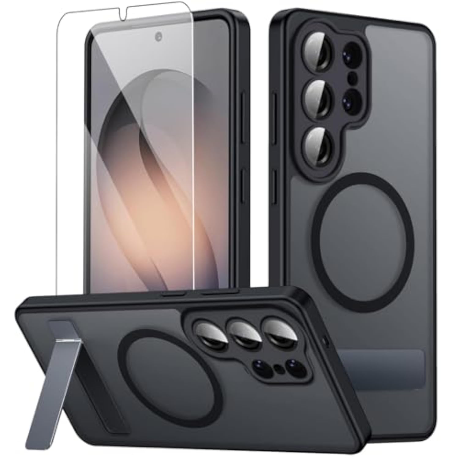 Magnetic Case for Samsung Galaxy S26 Ultra with Stand and Screen Protector & Camera Protector, Compatible with MagSafe, Matte Translucent Shockproof Slim Phone Case - Black