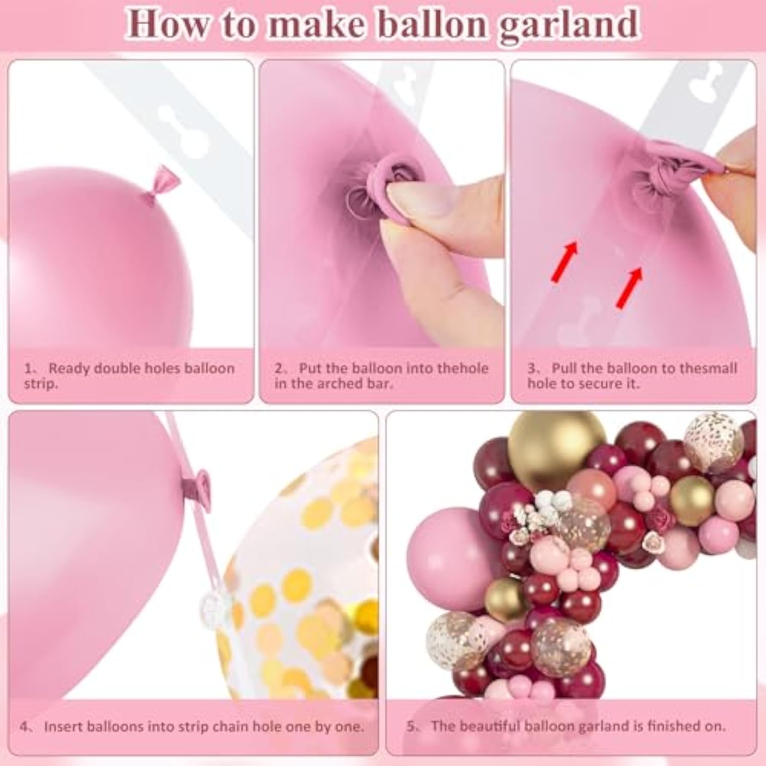 129Pcs Burgundy Pink Balloons Garland Arch Kit, Light Pink Gold White