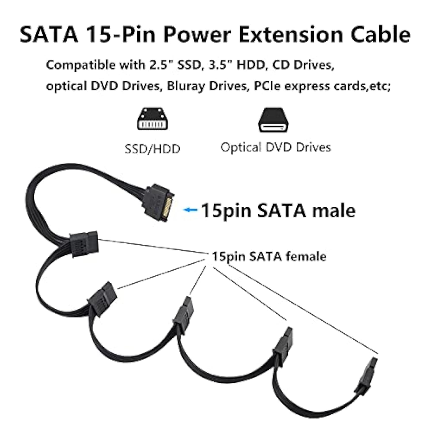 15Pin Sata Male To 5 Sata Female Power Splitter Adapter Cable Extension Y-Cabl