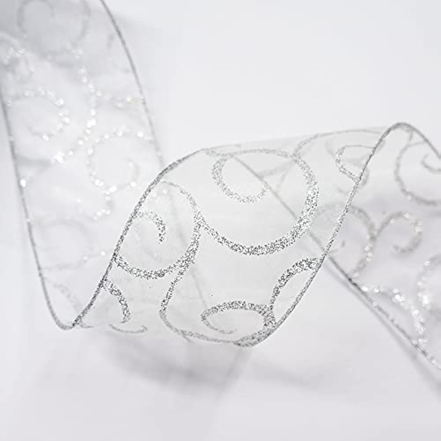 Organza With Silver Glitter Swirls Wired Ribbon 2.5 Inch X 50 Yards For Christmas Home Decor Tree Topper Bow Gift Wrapping Diy Crafts Wreath Garland Wedding