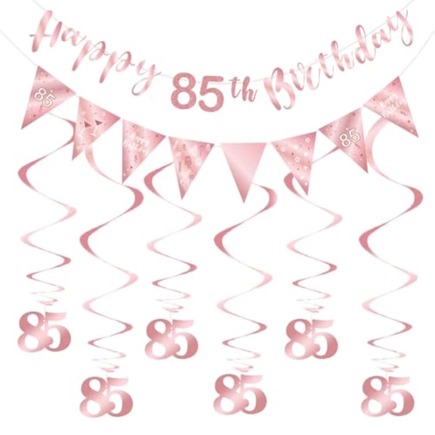 85Th Birthday Decoration Kit, Happy 85Th Birthday Banner Bunting Swirls Streamers, Triangle Flag Banner For Birthday Party Decorations Supplies Rose Gold 85Th