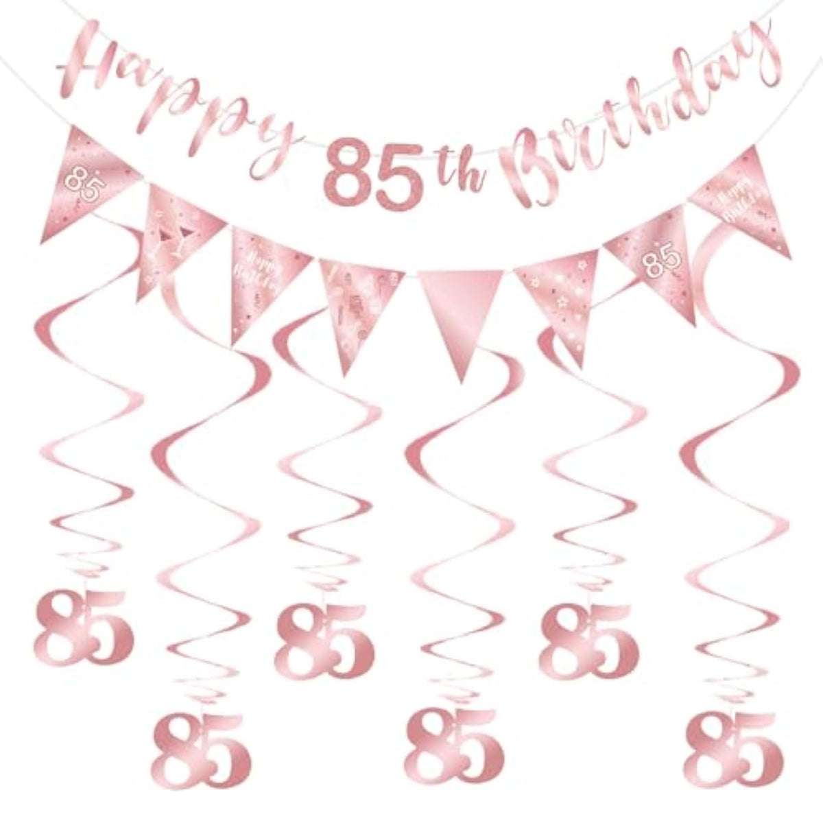 85Th Birthday Decoration Kit, Happy 85Th Birthday Banner Bunting Swirls Streamers, Triangle Flag Banner For Birthday Party Decorations Supplies Rose Gold 85Th