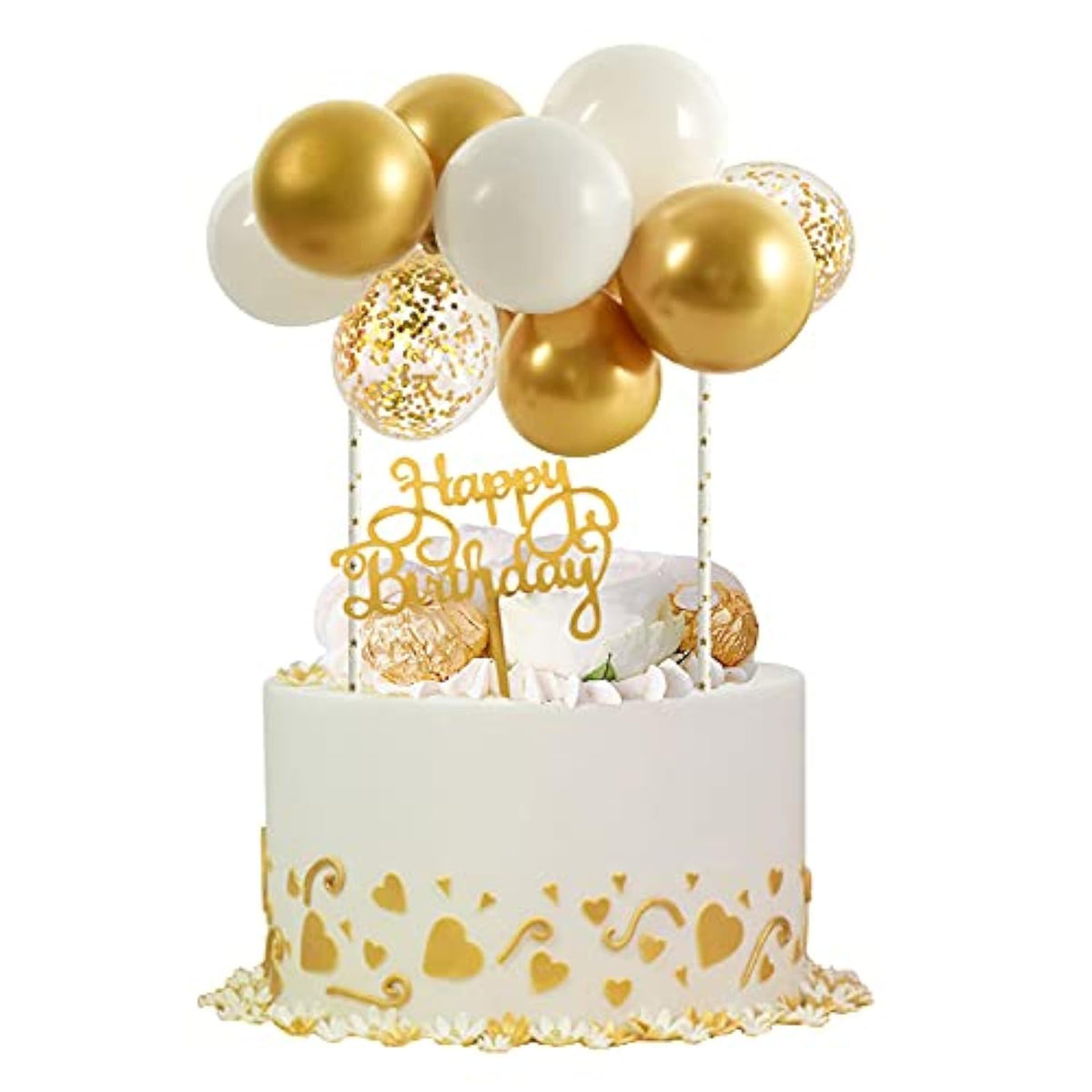 Happy Birthday Cupcake Toppers - White Gold Mini Balloon Cloud Birthday Cake Decorations For Wedding Anniversary Baby Shower Decorations