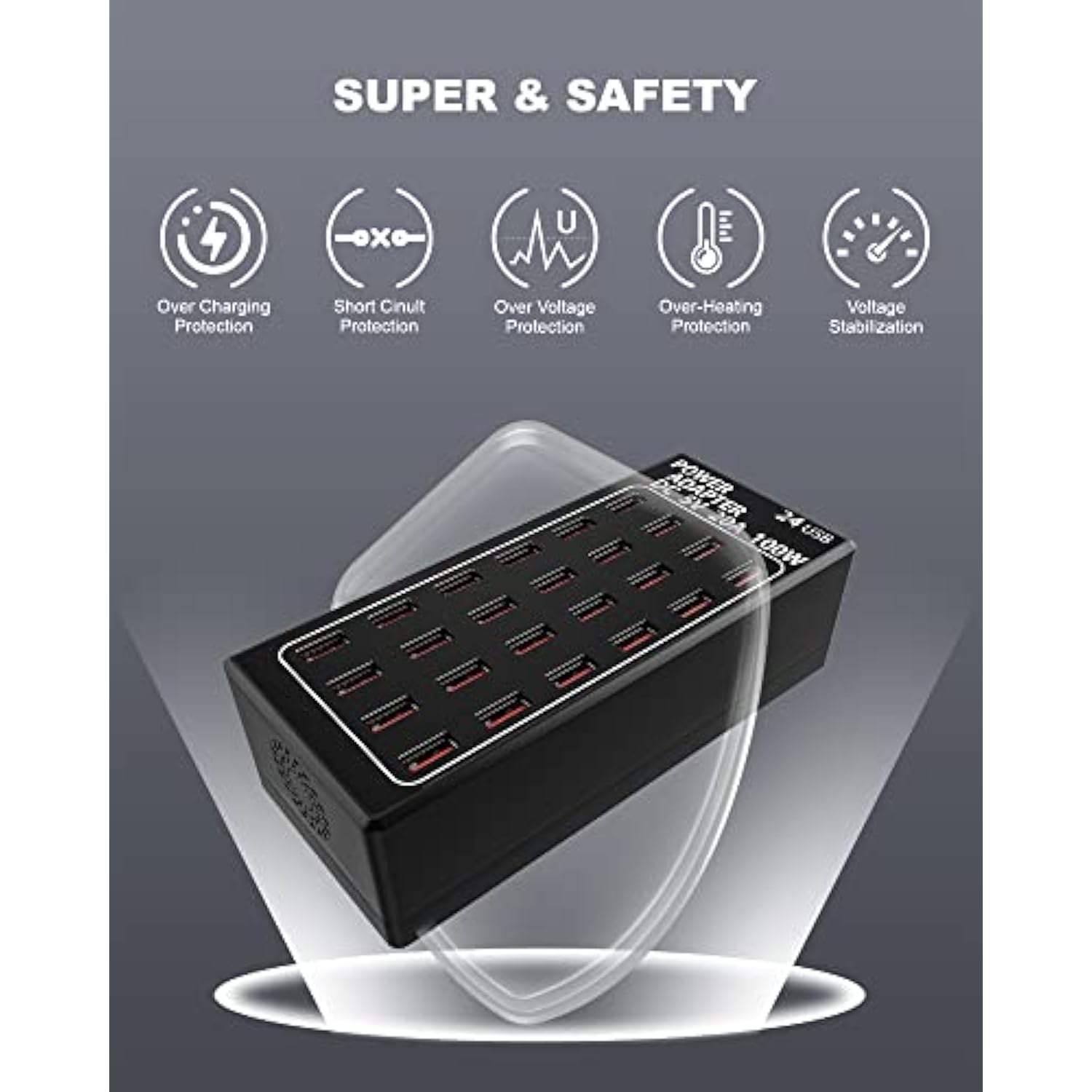 24-Port 100 Watt (20 A) Usb Charging Station, Travel Desktop Usb Rapid Charger, Multi Ports Fast Charger Station Organizer Compatible With Smartphones, Tables, And More Devices