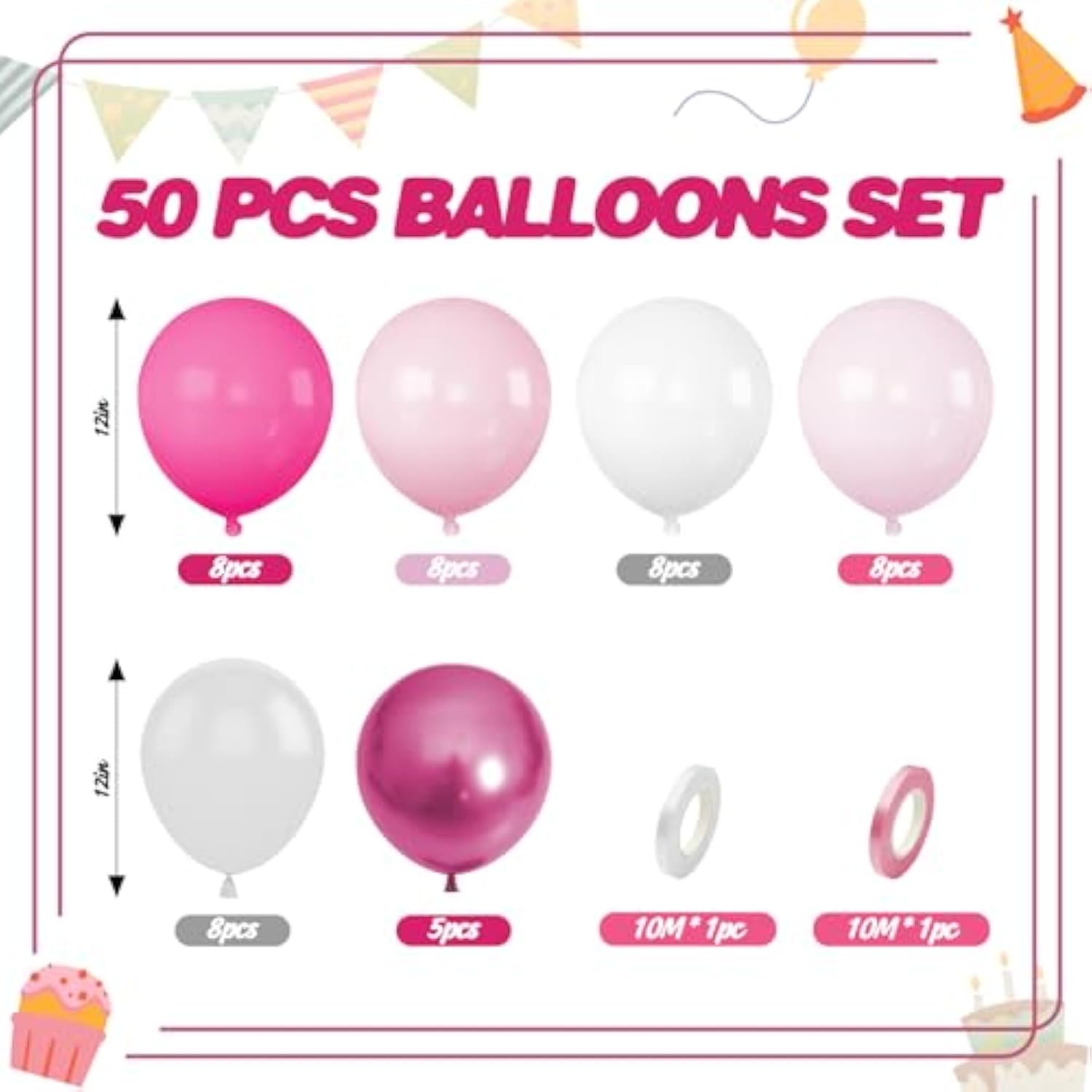 Pink Balloons, 12 Inch Hot Pink White Balloons, Chrome Pinks Pastel Metallic Pinks White Clear Latex Balloon For Girls Birthday Baby Shower Bridal Shower Valentine'S Day Wedding Party Decorations